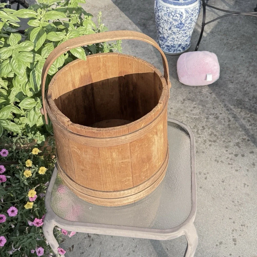 Antique Wooden Firkin Rustic Sugar Bucket Pail with handle  10
